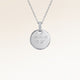Personalised round silver necklace with white zirconia and engraved date and initial – room for text, coordinates or handwriting on the back