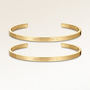 Kæreste-armbånd, par af to bangle armbånd i guld med indgraverede koordinater, fra Mon Chou
