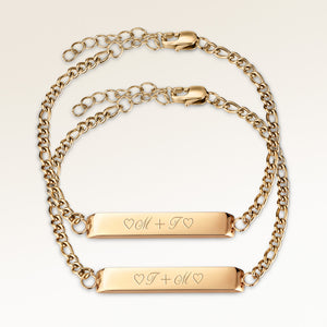 Friendship bracelets, pair of two bar bracelets in gold with personalized engraving, from Mon Chou