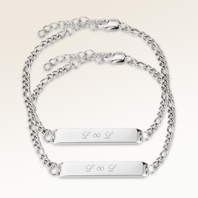 Friendship bracelets, pair of two bar bracelets in silver with personalized engraving, from Mon Chou