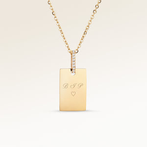 Personalized square gold necklace with white zircons and space for engraving of text, coordinates or handwriting on the front and back