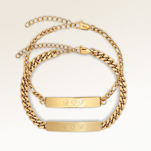 Couples bracelets, pair of two bar bracelets in gold with personalized engraving, from Mon Chou