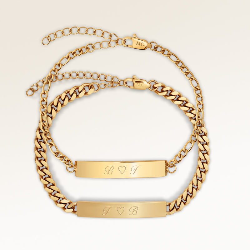 Couples bracelets, pair of two bar bracelets in gold with personalized engraving, from Mon Chou