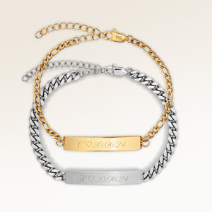 Couples bracelets, pair of two bar bracelets in gold and silver with personalized engraving, from Mon Chou