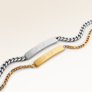 Couples bracelets, pair of two bar bracelets in gold and silver with personalized engraving, from Mon Chou