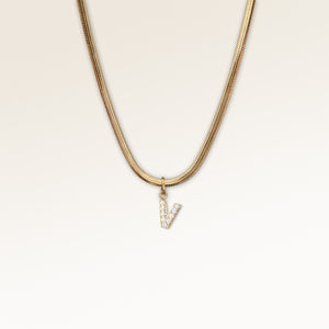 Letter pendant V in gold with white zircons, personalized initial necklace from Mon Chou